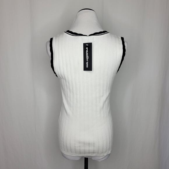 KARL LAGERFELD PARIS Lace-Trim Sweater Tank Top White Black NWT Size Medium - Picture 6 of 8